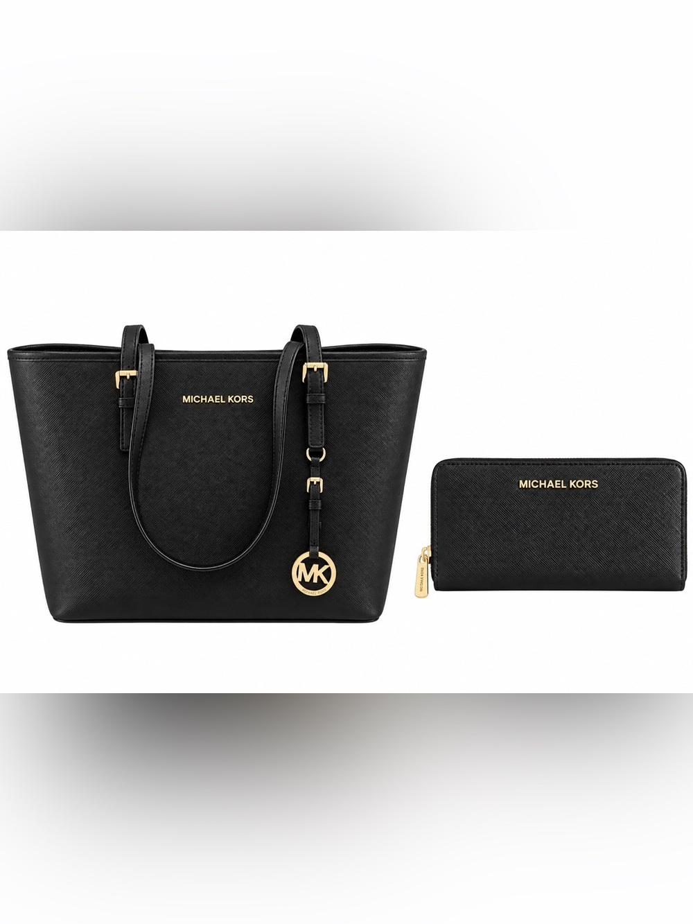 Michael Kors Jet Set Black Saffiano Leather Tote + Continental Wallet Set